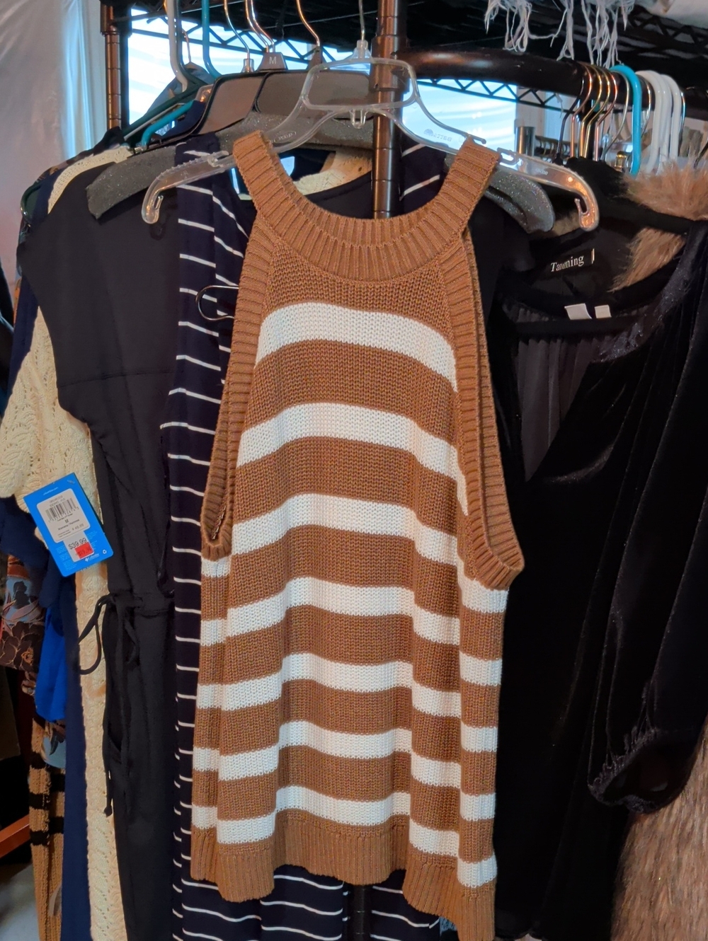Old Navy Brown and White Striped Crewneck Sweater Vest